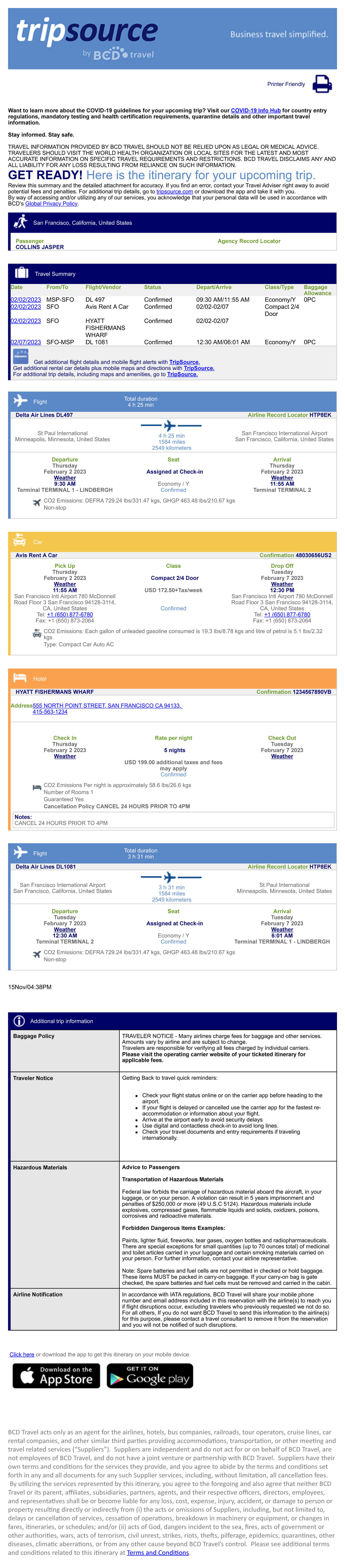travel itinerary and receipt